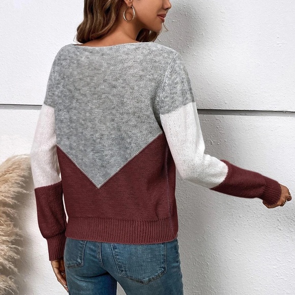 ColorBlock Burgundy Charcoal Oversized Knit Sweater Top - Picture 3 of 3